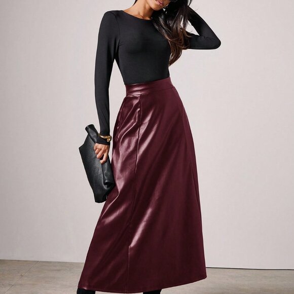 Burgundy Elegant minimalist Women's faux leather maxi Skirt - Picture 4 of 7
